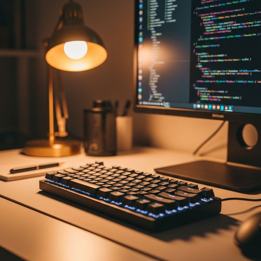 Dettaglio workspace web designer - tastiera e monitor con luce calda